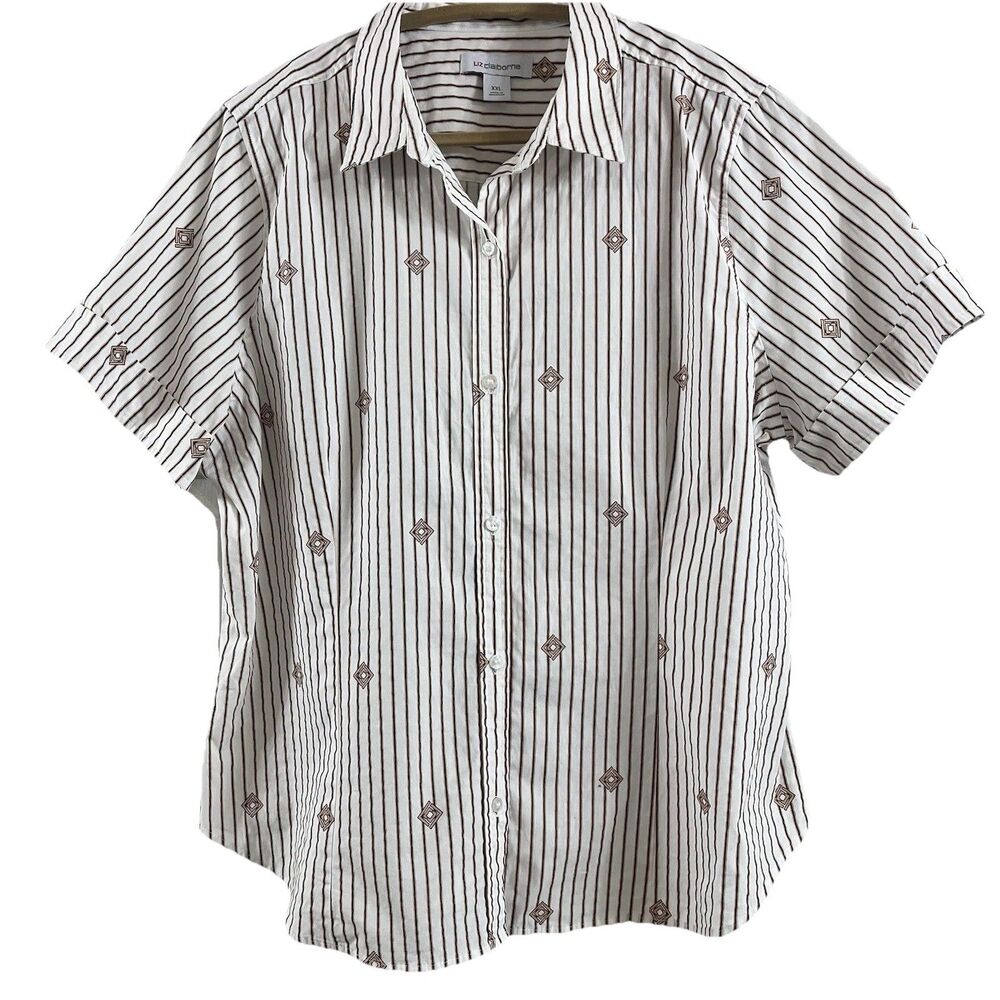 Vtg Liz Claiborne Wom XXL White Button Down Short Sleeve Shirt Brown Stripe Logo